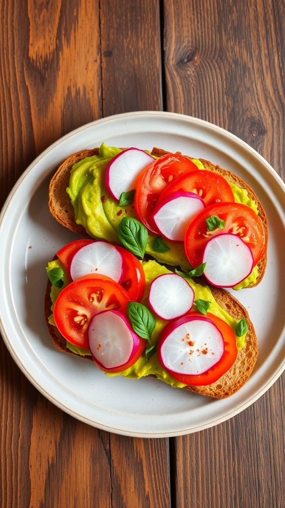 Vegetarian Avocado Toast Recipe Vegetarian avocado toast with tomatoes and radishes on whole grain bread, garnished with herbs.